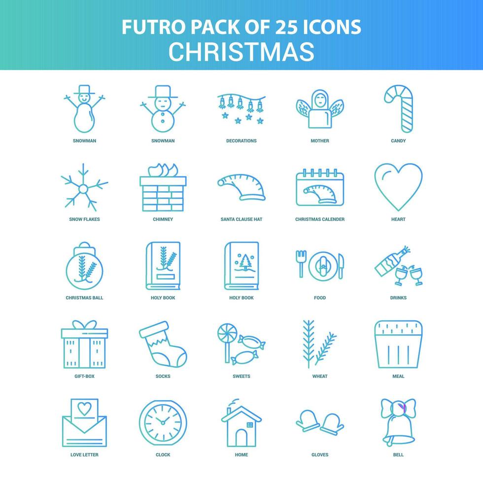 25 Green and Blue Futuro Christmas Icon Pack vector