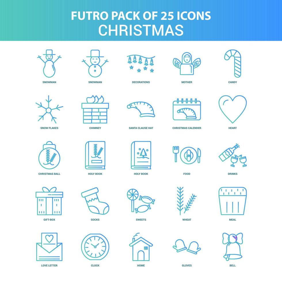 25 paquete de iconos de navidad futuro verde y azul vector