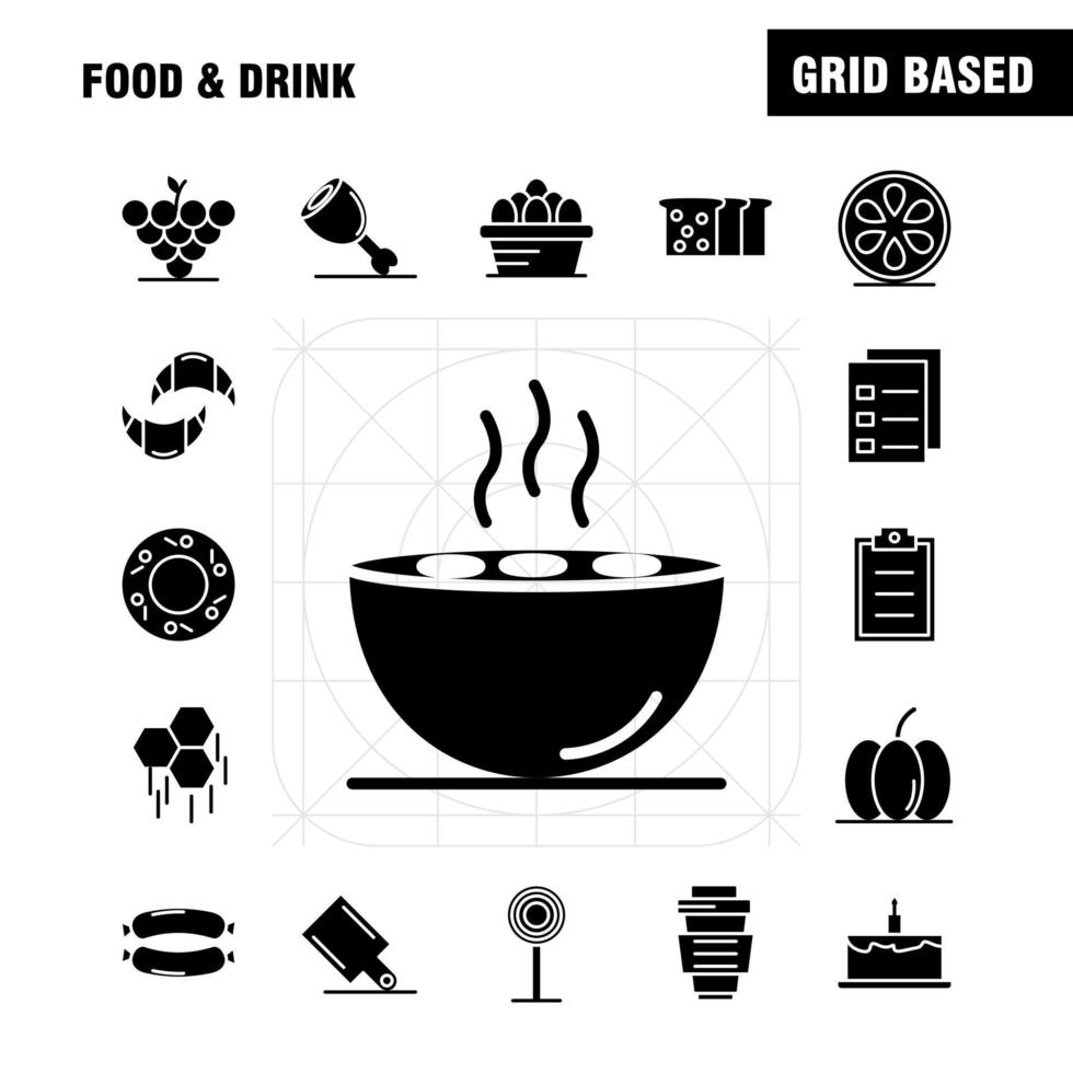 conjunto de iconos de glifo sólido de alimentos y bebidas para infografías kit uxui móvil y diseño de impresión incluyen desayuno croissant comida campana de comida cocina comida icono caliente conjunto vector
