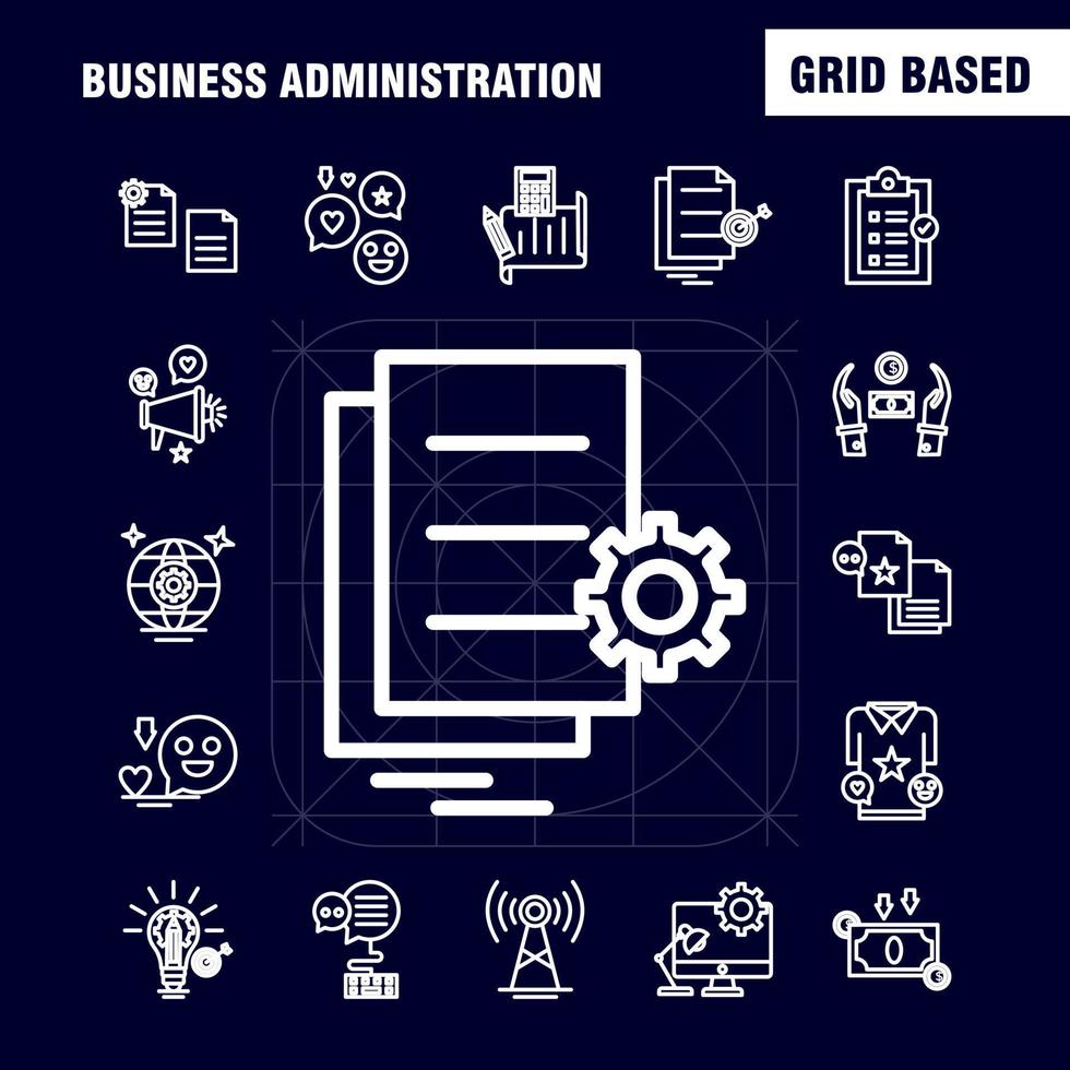 los iconos de la línea de administración empresarial establecidos para el kit de uxui móvil infográfico y el diseño de impresión incluyen configuración de Internet engranaje globo camiseta camisa deportes eps 10 vector