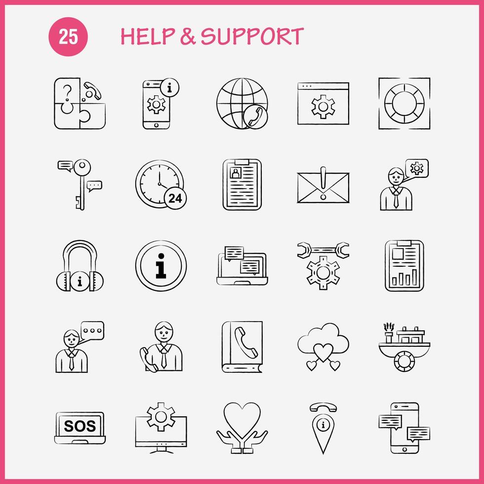 Help And Support Hand Drawn Icon for Web Print and Mobile UXUI Kit Such as Setting Gear Seo Mobile Information Setting Seo Board Pictogram Pack Vector