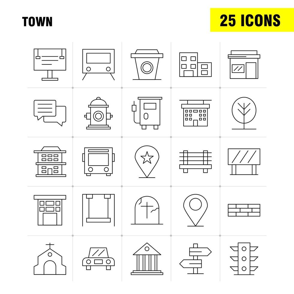 Town Line Icons Set For Infographics Mobile UXUI Kit And Print Design Include Location Map Town Church House Town Park Playground Icon Set Vector