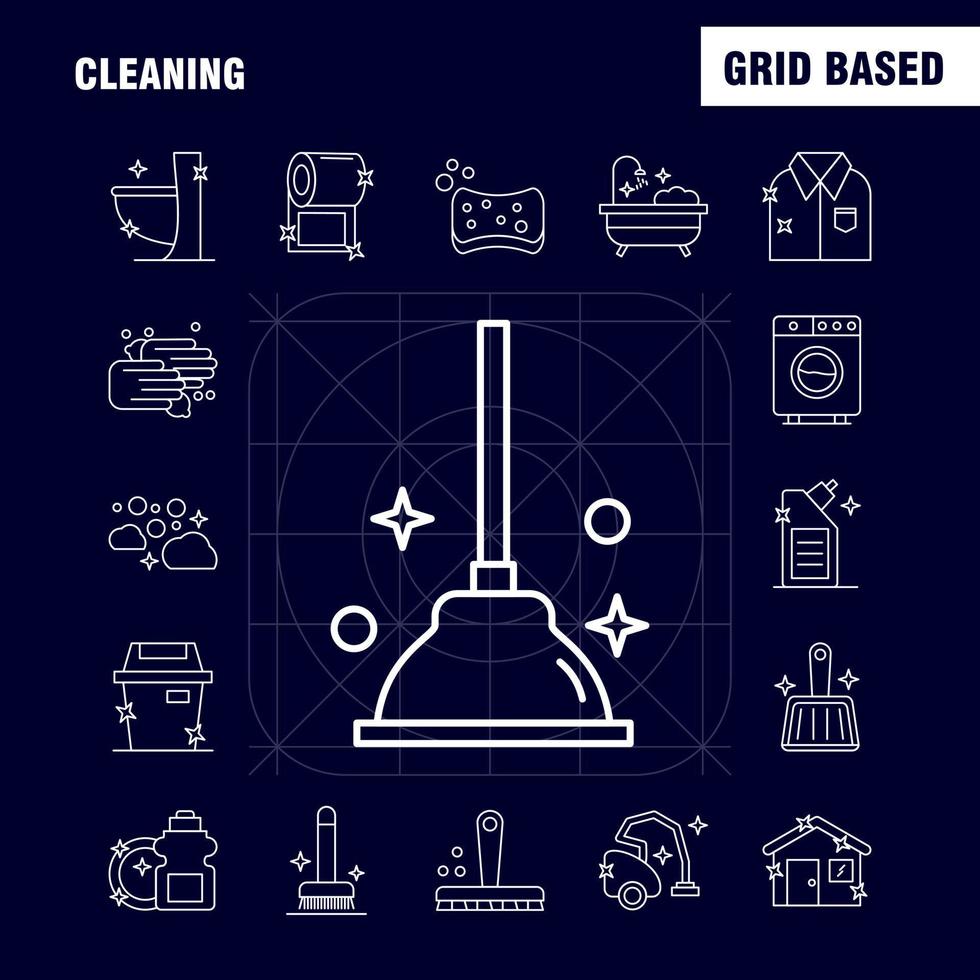 Cleaning Line Icons Set For Infographics Mobile UXUI Kit And Print Design Include Brush Brushing Clean Scrub Plunger Restroom Toilet Tool Icon Set Vector