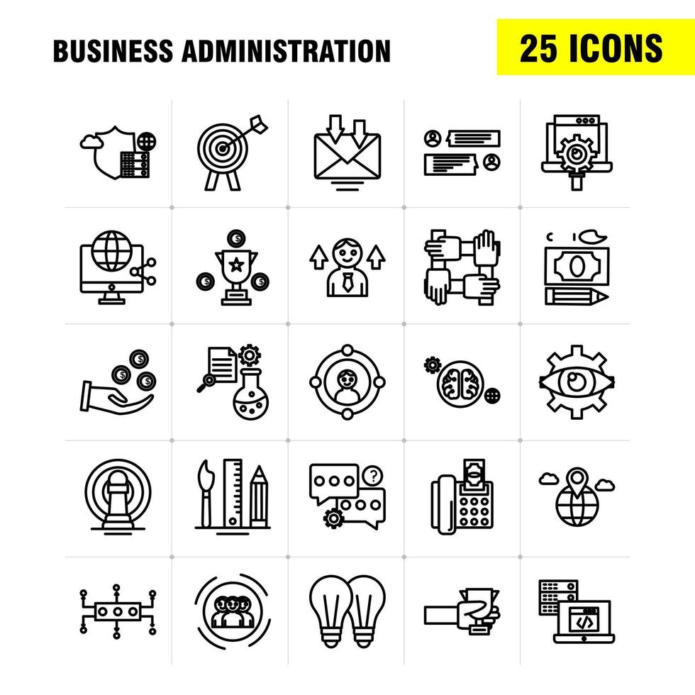 los iconos de la línea de administración empresarial establecidos para el kit de uxui móvil infográfico y el diseño de impresión incluyen el ajuste de la mente del cerebro vaso de precipitados documento químico colección de engranajes logotipo infográfico moderno an vector