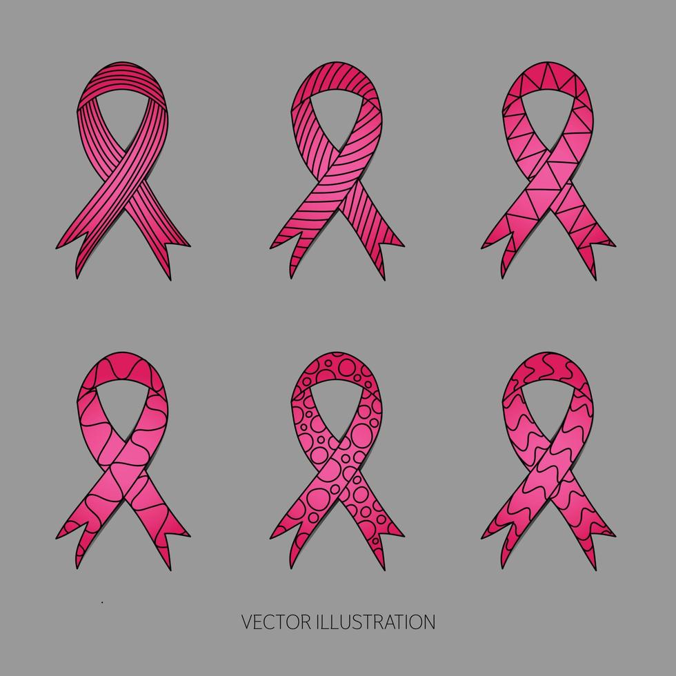 Pink ribbon vector with different pattern set. awareness month. Breast Cancer Awareness Month October.