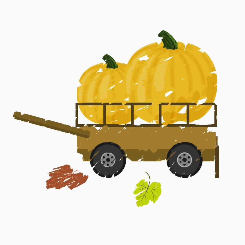 Editable Side View Pumpkins in Cart Vector Illustration with Foliage in Brush Strokes Style for Thanksgiving Greeting Design