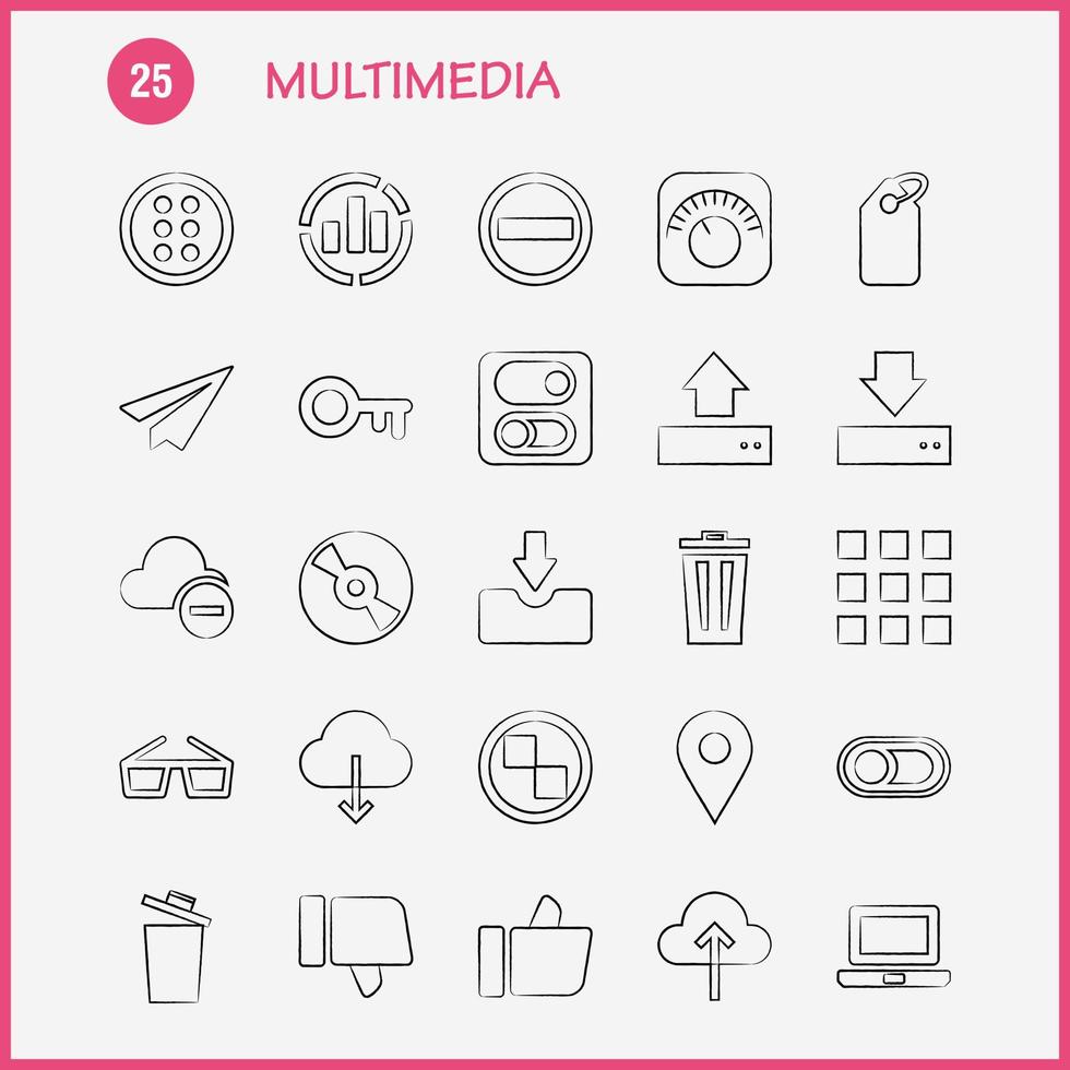 Multimedia Hand Drawn Icon for Web Print and Mobile UXUI Kit Such as Equalizer Beat Audio Machine Bin Delete Garbage Recycle Pictogram Pack Vector