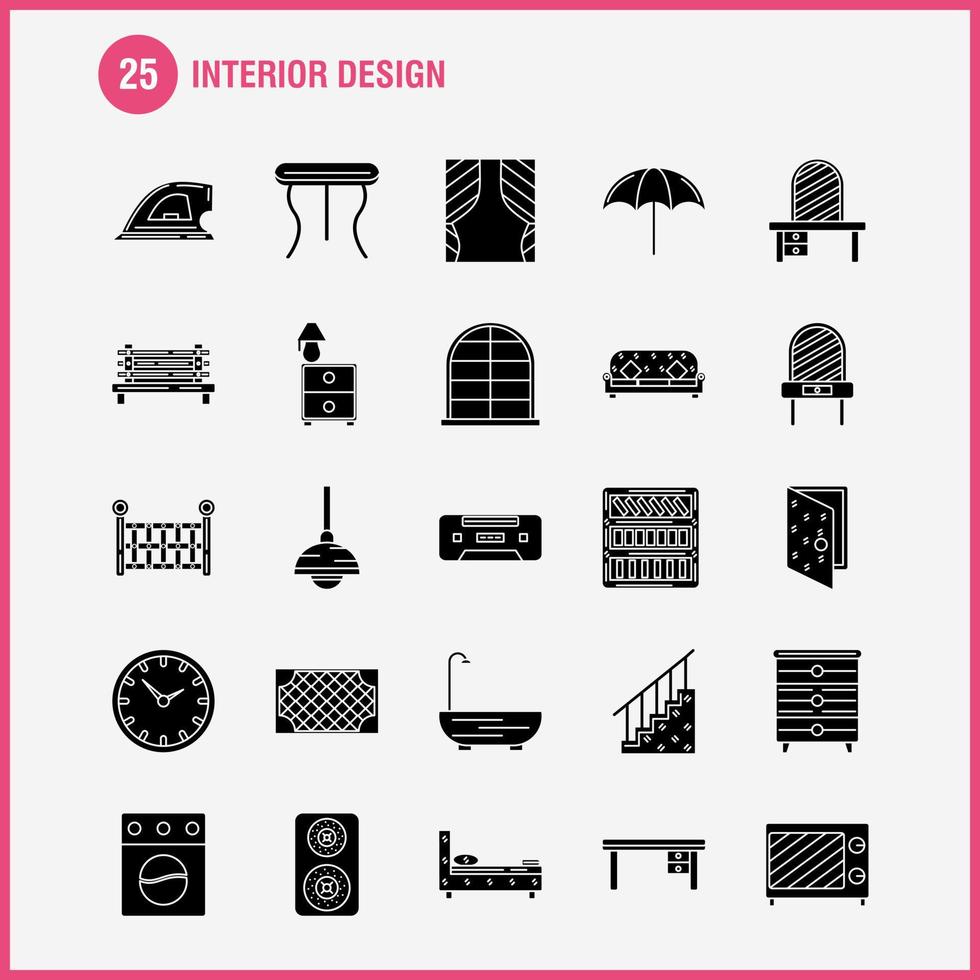 iconos de glifo sólido de diseño de interiores establecidos para infografía kit de uxui móvil y diseño de impresión incluyen interruptor enchufe electrónica mesa eléctrica muebles hogar mesas eps 10 vector