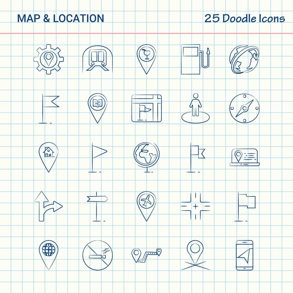 mapa y ubicación 25 iconos de doodle conjunto de iconos de negocios dibujados a mano vector