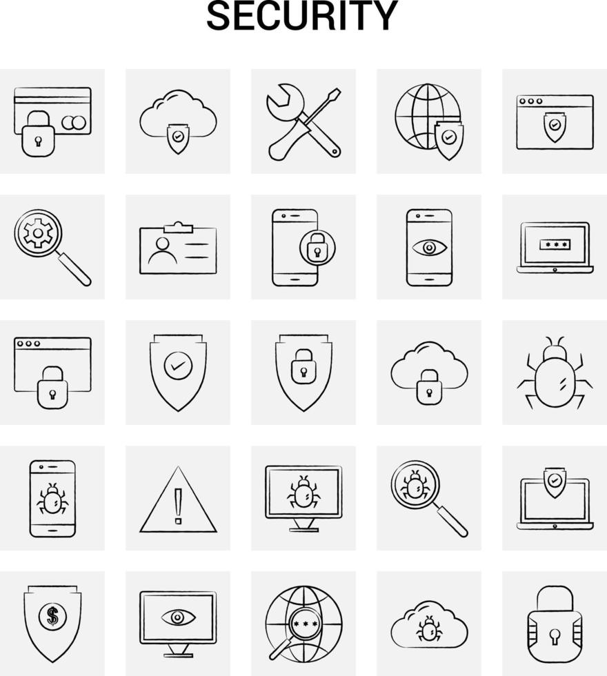 25 iconos de seguridad dibujados a mano conjunto de garabatos vectoriales de fondo gris vector