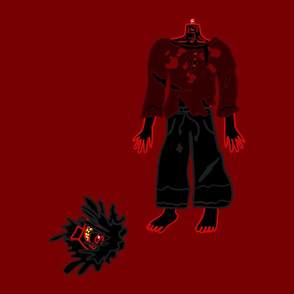 Vector illustration of a traditional Indonesian ghost named Kepala buntung on a red background