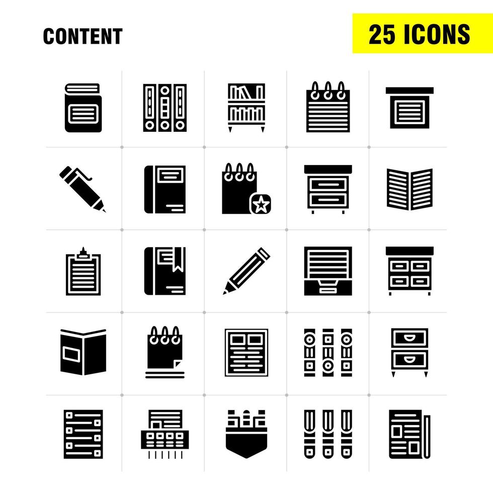 contenido paquete de iconos de glifos sólidos para diseñadores y desarrolladores iconos de libro marca de libro contenido contenido bolígrafos vector de contenido de bolsillo