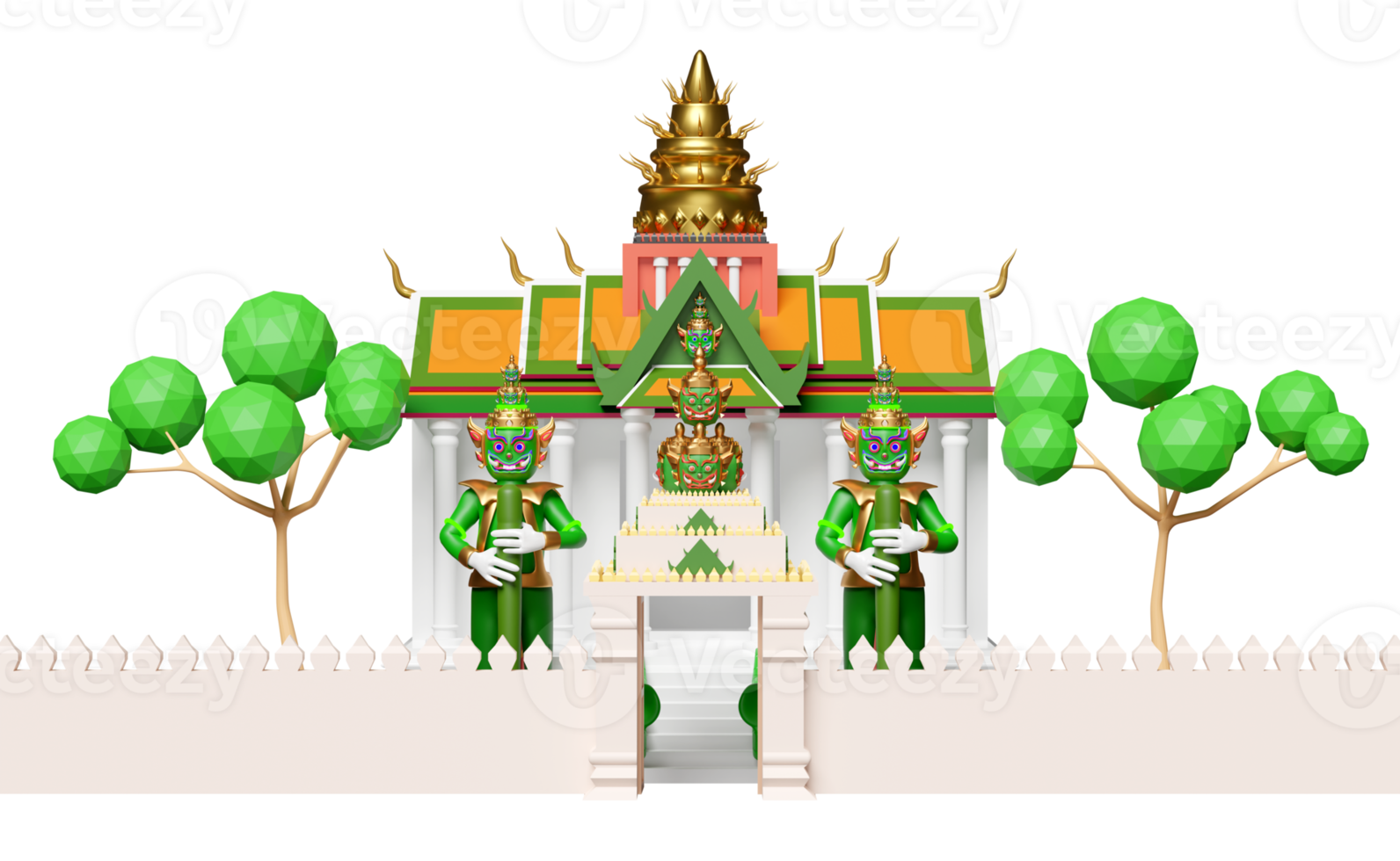 3d thai temple wall, castle with giant gatekeeper, tree isolated. 3d render illustration png