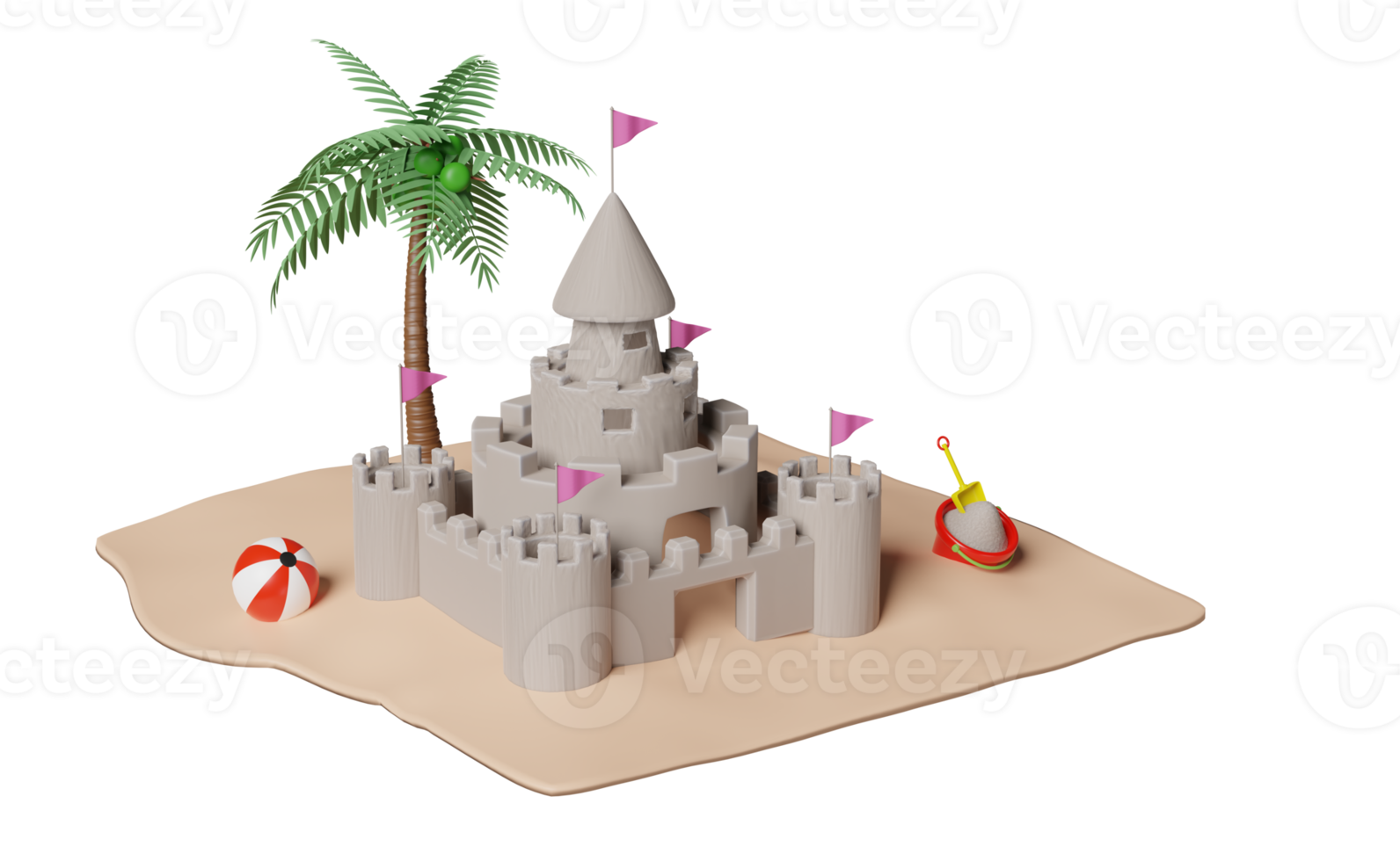 sand castle with towers, fort, gates and flags, sandy beach, palms, coconut, summer travel vacation concept, 3d illustration or 3d render png