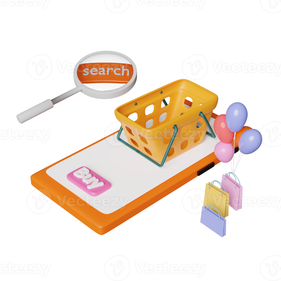 orange mobile phone, smartphone with store front, search, buy label tag, magnifying, cart, paper bags, balloon isolated. online shopping, search data concept, 3d illustration or 3d render png