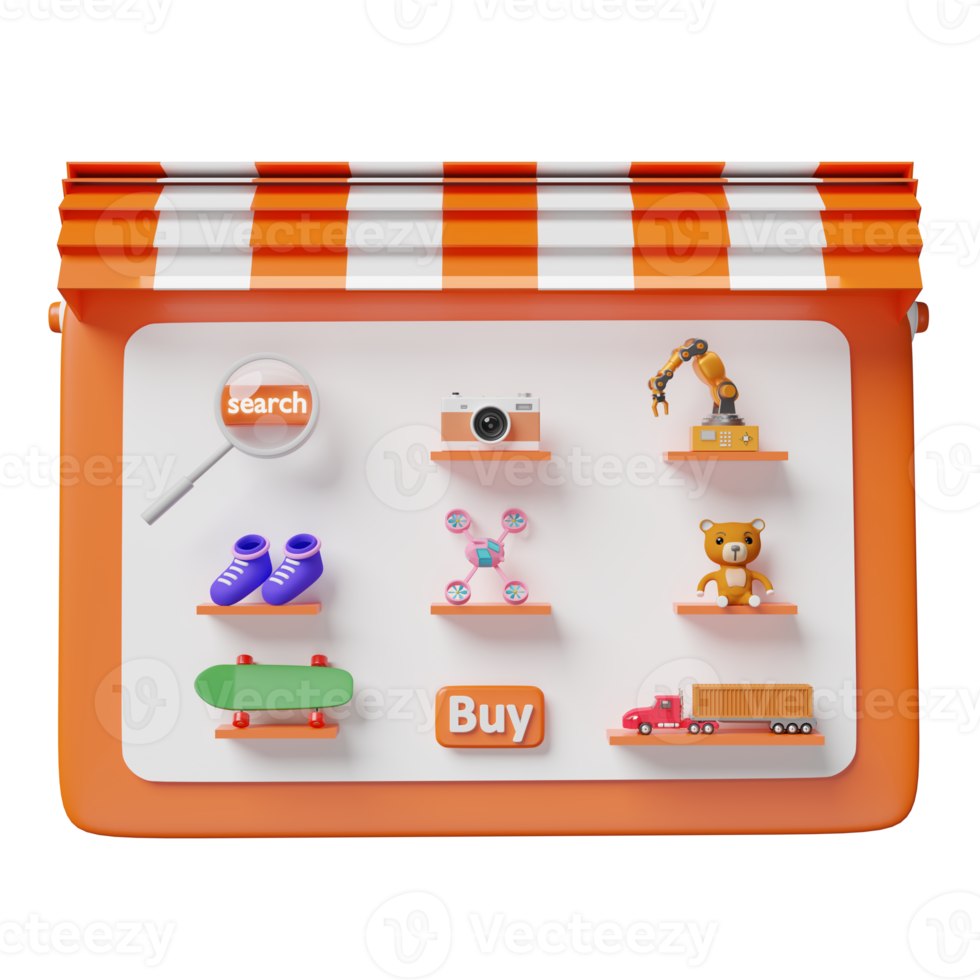 orange tablet, mobile phone, smartphone with store front, magnifying, teddy bear, truck, skateboard, drone, cart isolated. online shopping or search data concept, 3d illustration or 3d render png