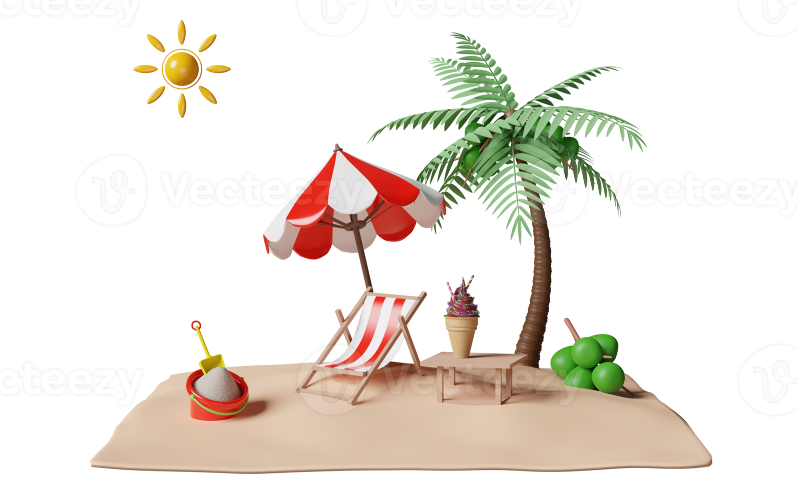 voyage d'été avec des cornets de crème glacée, plage, seau, chaise, île, parapluie, cocotier, nuage, soleil isolé. concept illustration 3d ou rendu 3d png