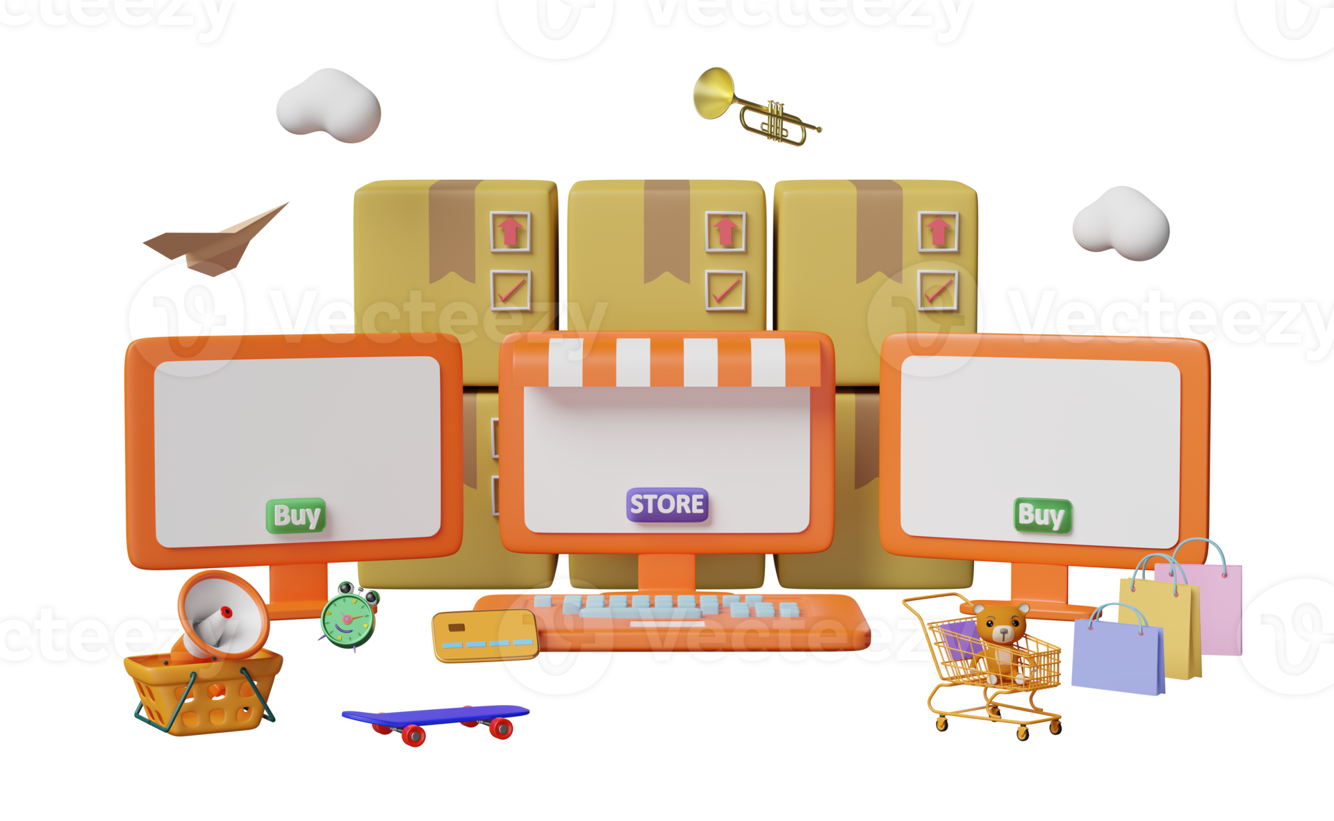 orange computer monitor with store front, cart, paper bags, goods