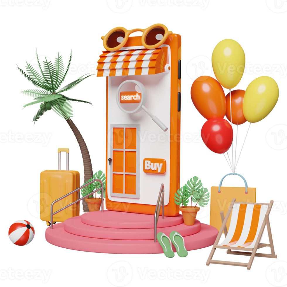 stage podium with orange mobile phone or smartphone store front, suitcase, surfboard, beach chair, balloon, palm, shopping paper bags,online shopping summer sale concept, 3d illustration or 3d render png