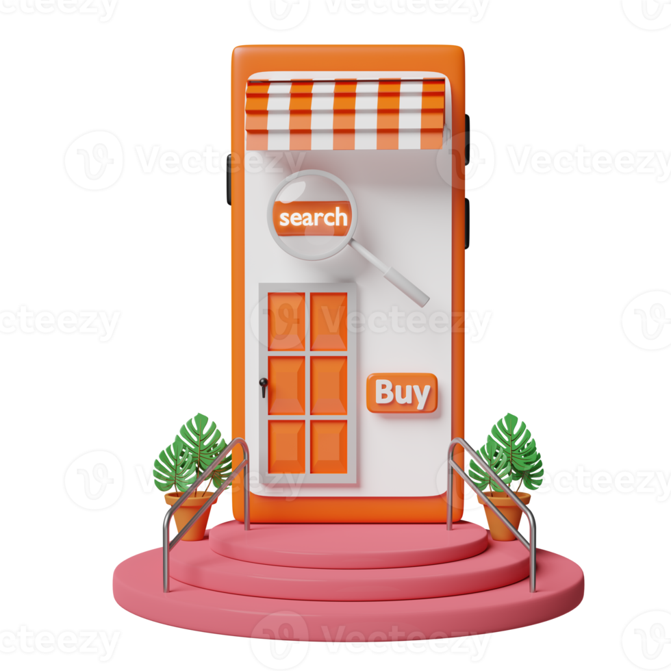 3d stage podium and mobile phone or smartphone with store front, magnifying glass, tree, buy label tag isolated. online shopping or search data concept, 3d render illustration png