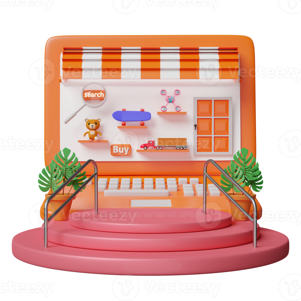 stage podium with orange computer monitor store front, magnifying, teddy bear, truck, skateboard, drone isolated. online shopping or search data concept, 3d illustration, 3d render png