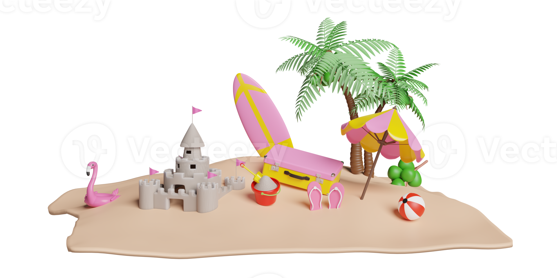 summer travel with yellow suitcase, sand castle, surfboard, island, umbrella, Inflatable flamingo, coconut tree, sandals isolated. concept 3d illustration or 3d render png