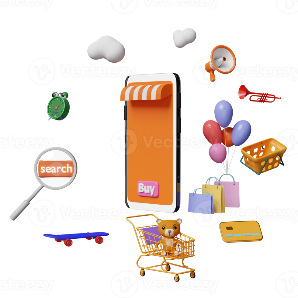 orange mobile phone, smartphone with store front, search label tag, magnifying, cart, paper bags, credit card isolated. online shopping, search data concept, 3d illustration, 3d render png