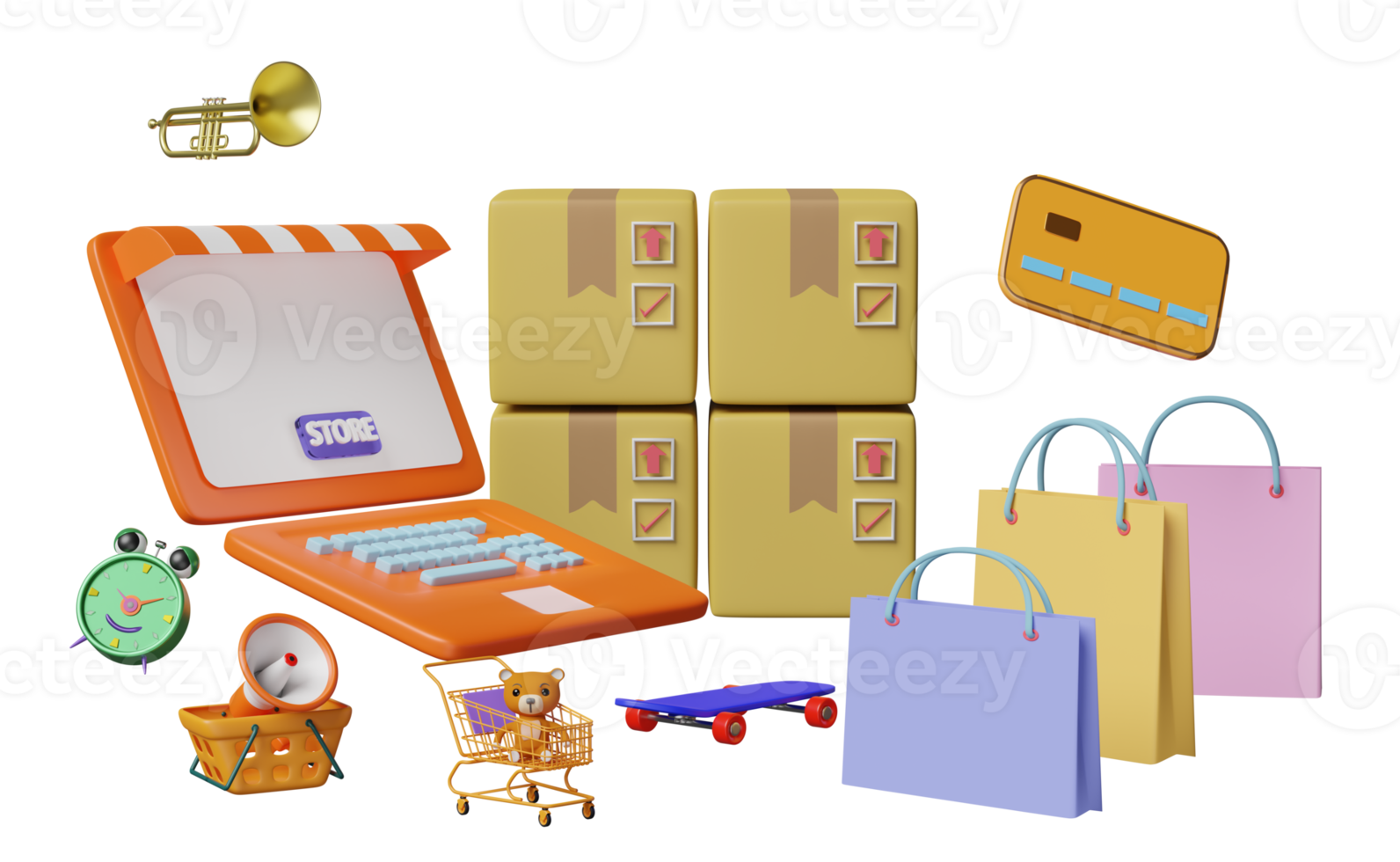 orange computer with store front, cart, paper bags, goods cardboard box, credit card, megaphone, balloon, alarm clock isolated. online shopping, search data concept, 3d illustration, 3d render png