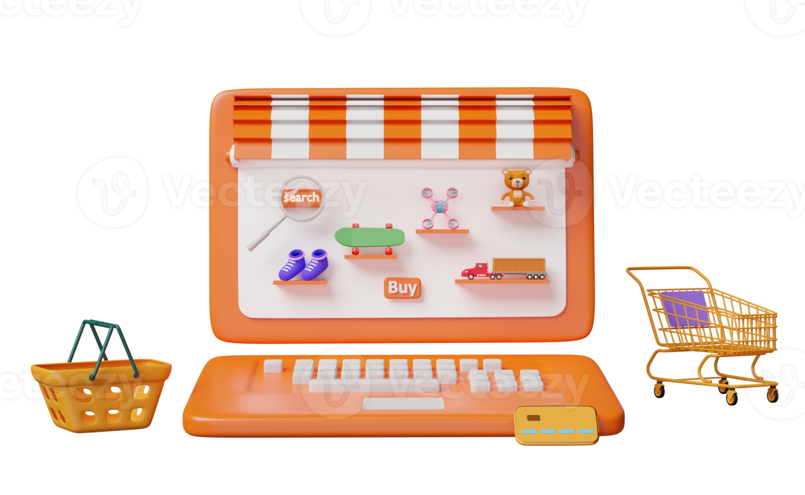 orange computer monitor with store front, magnifying, teddy bear, truck, skateboard, drone, cart, credit card isolated. online shopping or search data concept, 3d illustration or 3d render png