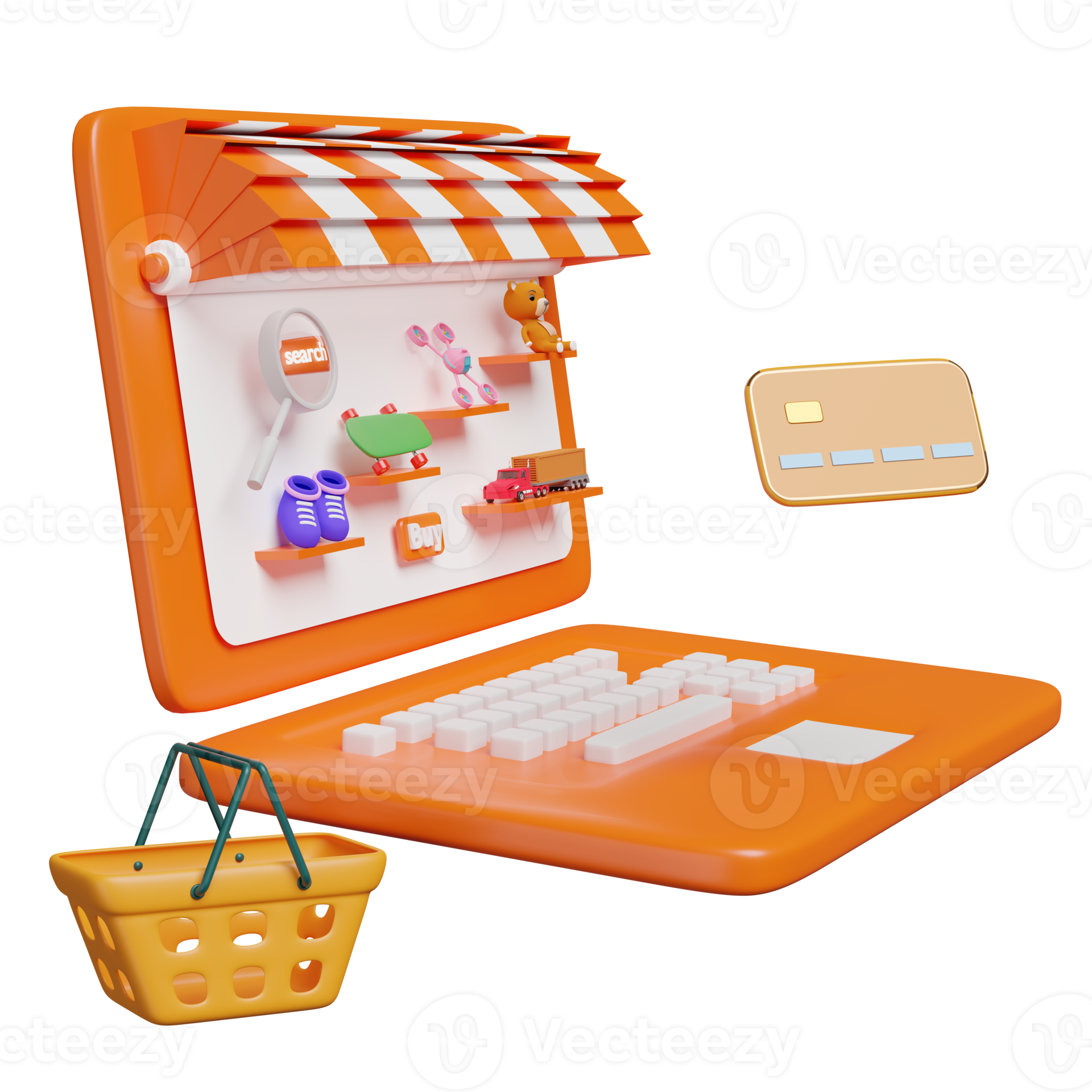 orange computer monitor with store front, magnifying, teddy bear, truck