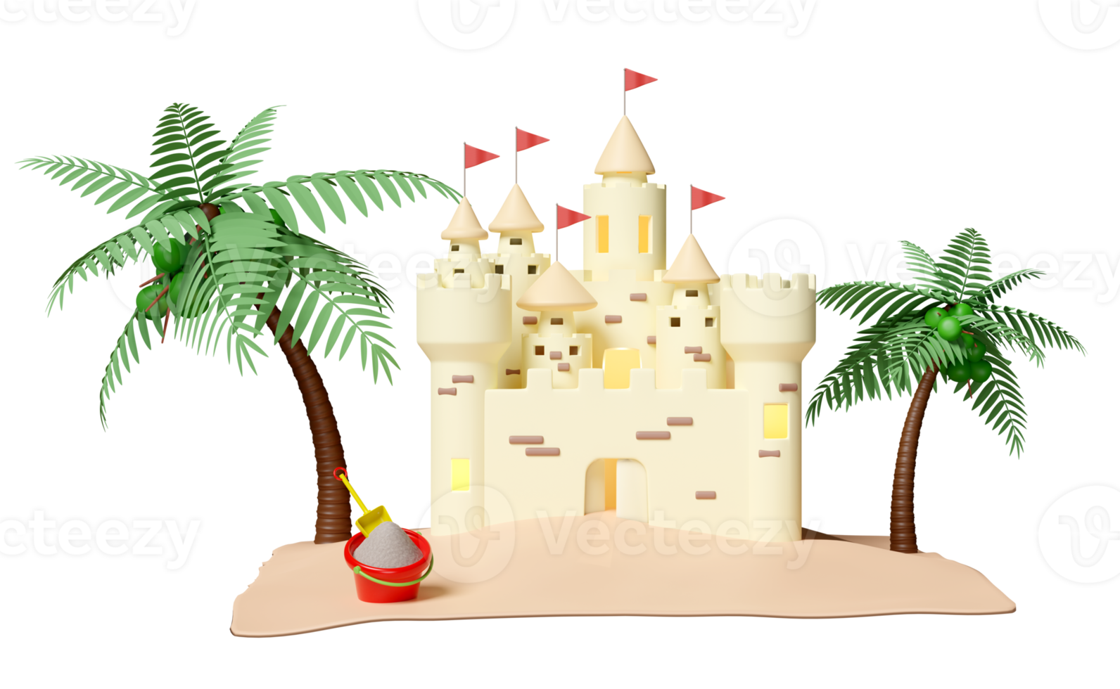 castelo de areia com torres, forte, portões e bandeiras, praia de areia, palmeiras, coco, conceito de férias de viagem de verão, ilustração 3d ou renderização 3d png