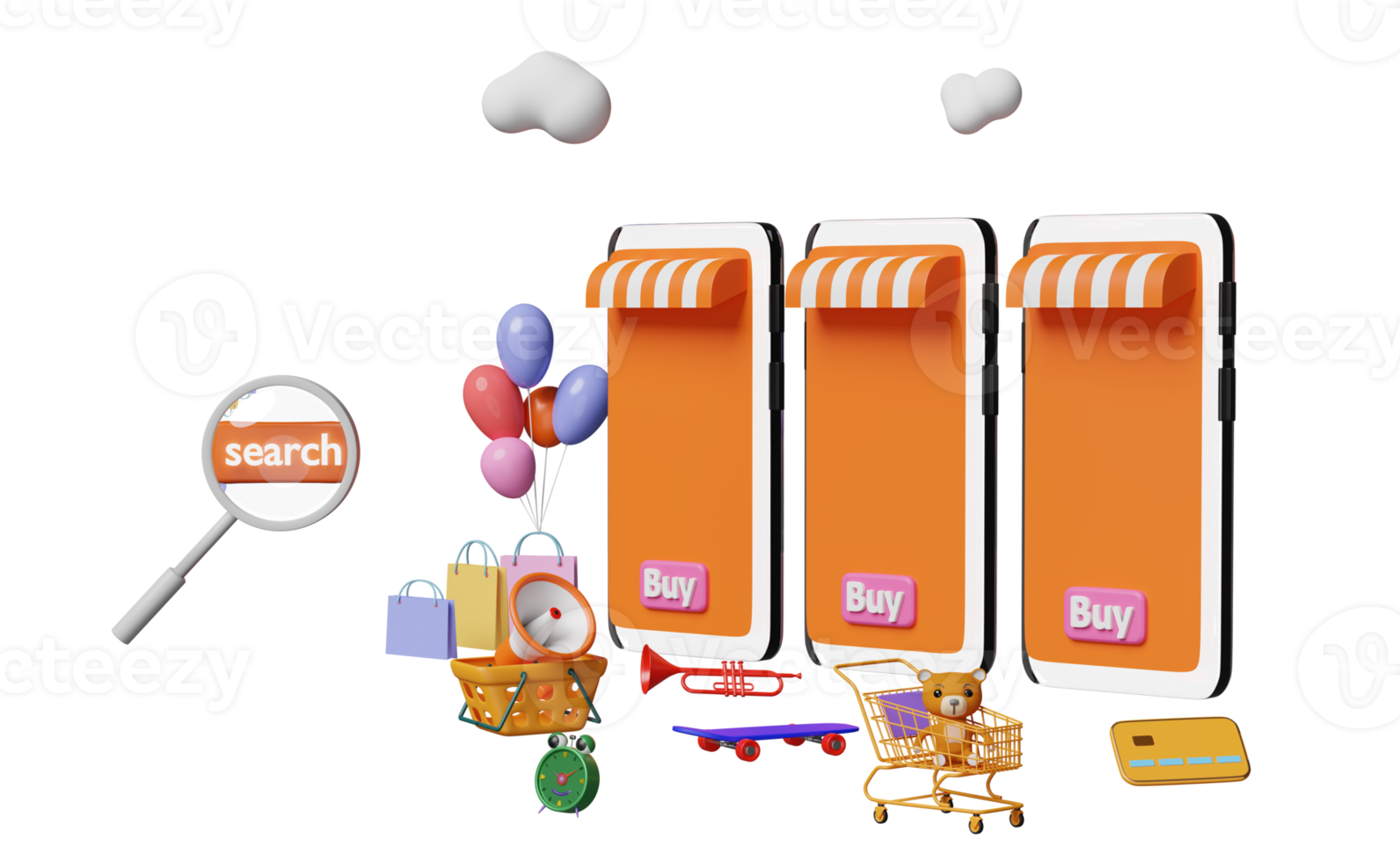 Orangefarbenes Mobiltelefon, Smartphone mit Ladenfront, Etikettenetikett, Lupe, Einkaufswagen, Papiertüten, Skateboard, Kreditkarte isoliert. online-shopping, suchdatenkonzept, 3d-illustration, 3d-rendering png