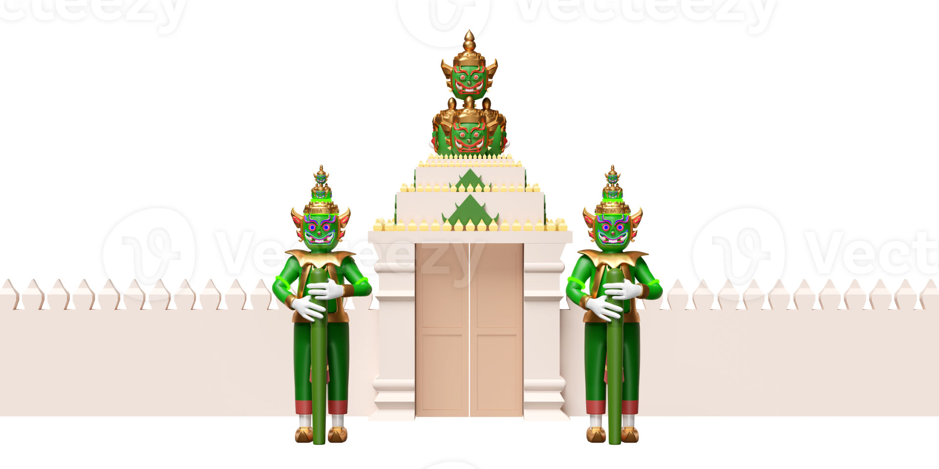 3d Thais tempel muur met reusachtig poortwachter geïsoleerd. 3d geven illustratie png