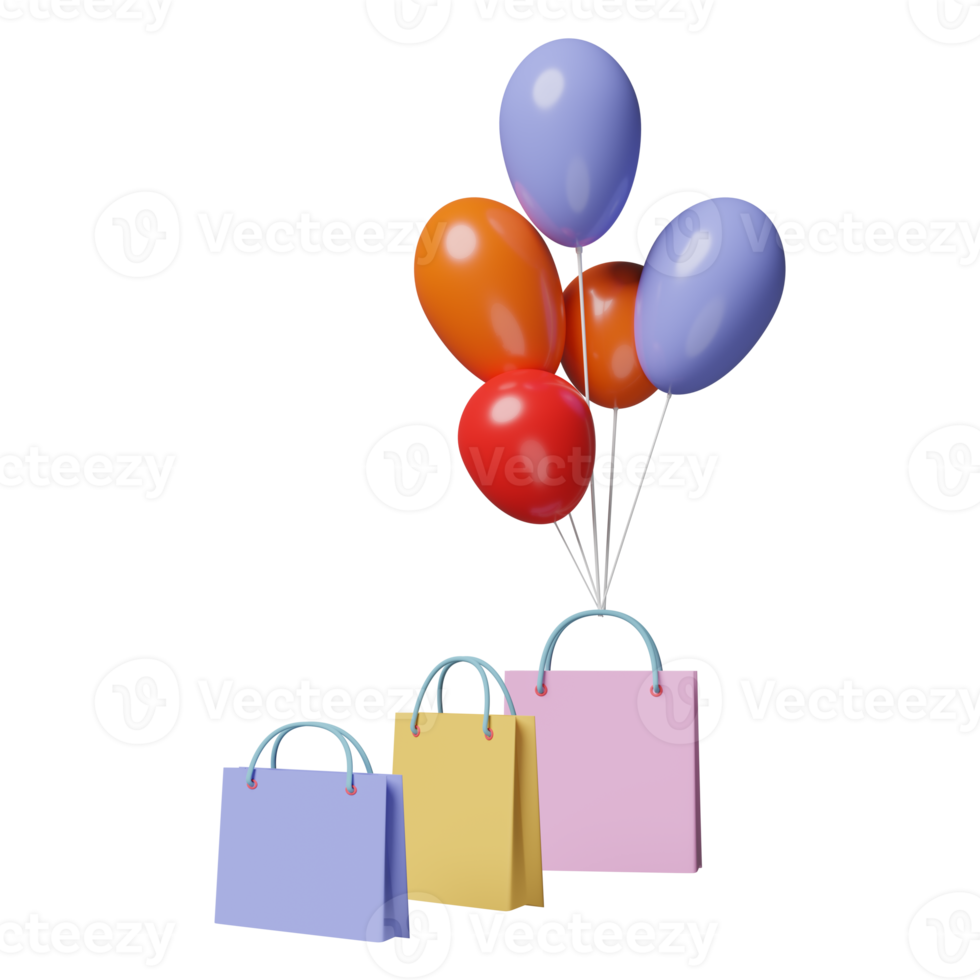 minimal shopping paper bags with balloon, space isolated. 3d illustration or 3d render png