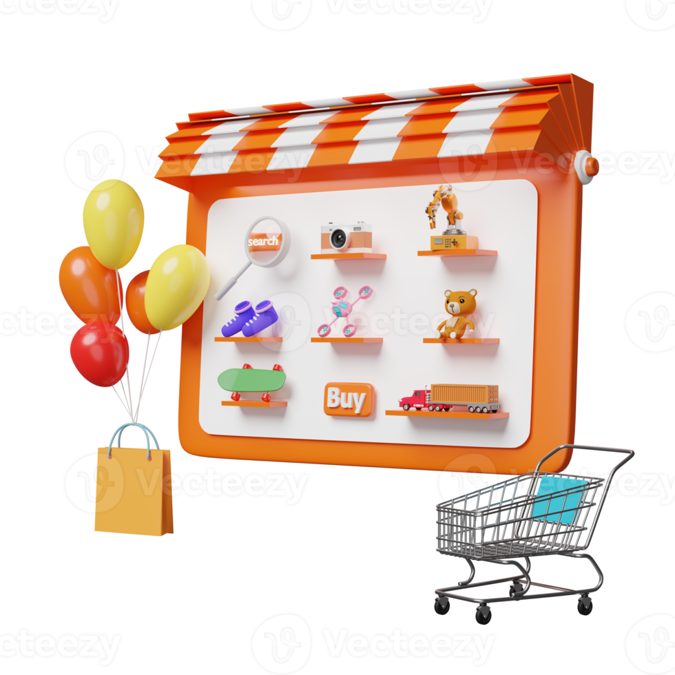 orange tablet or mobile phone or smartphone with store front, magnifying, teddy bear, truck, skateboard, drone,cart isolated, online shopping or search data concept, 3d illustration, 3d render png