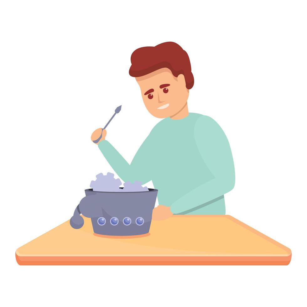 Boy programming robot icon, cartoon style vector