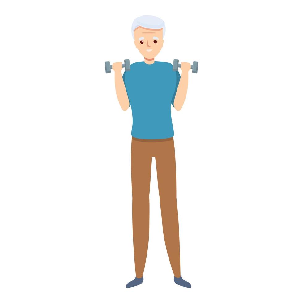 Senior man take small dumbbells icon, cartoon style vector