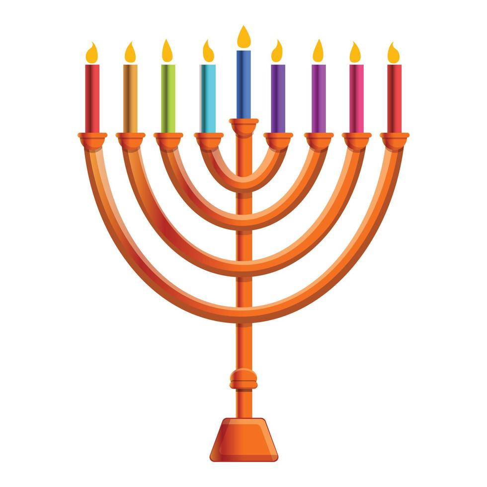 Colorful menorah candle icon, cartoon style vector