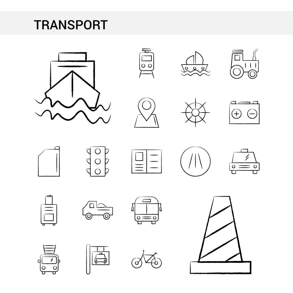 estilo de conjunto de iconos dibujados a mano de transporte aislado en vector de fondo blanco