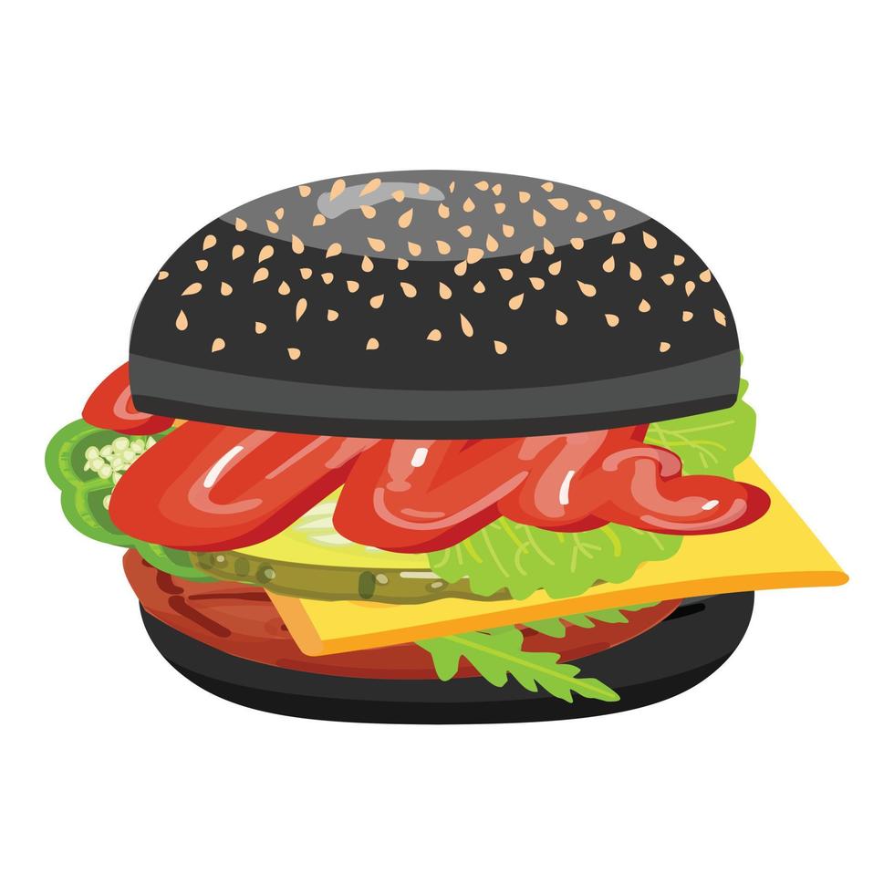 vector de dibujos animados de icono de hamburguesa negra. bollo de carne