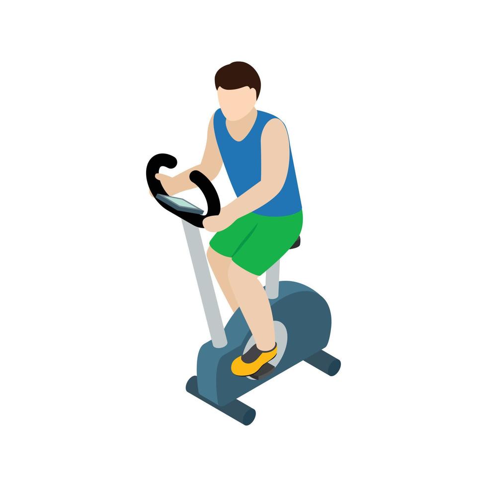 hombre entrenando en el icono de la bicicleta de ejercicio, isométrico 3d vector