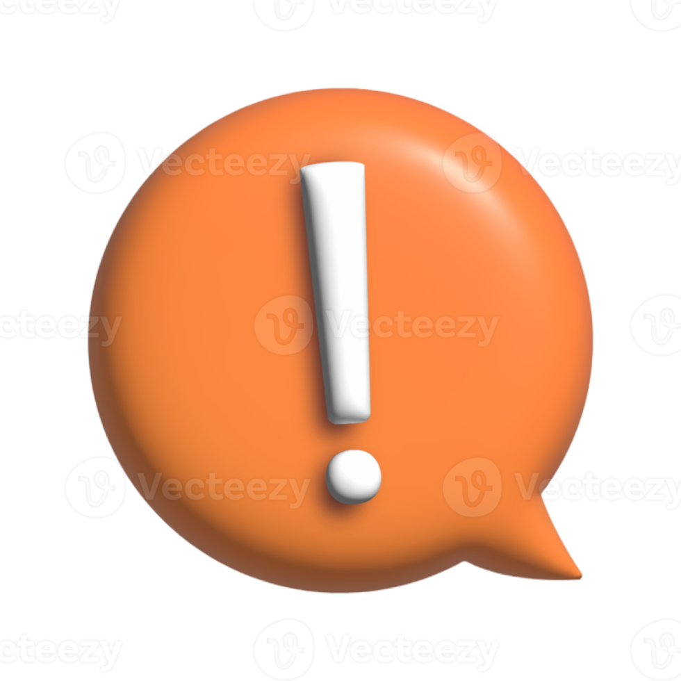 White exclamation mark inside a orange speech bubble with 3d effects illustration. png