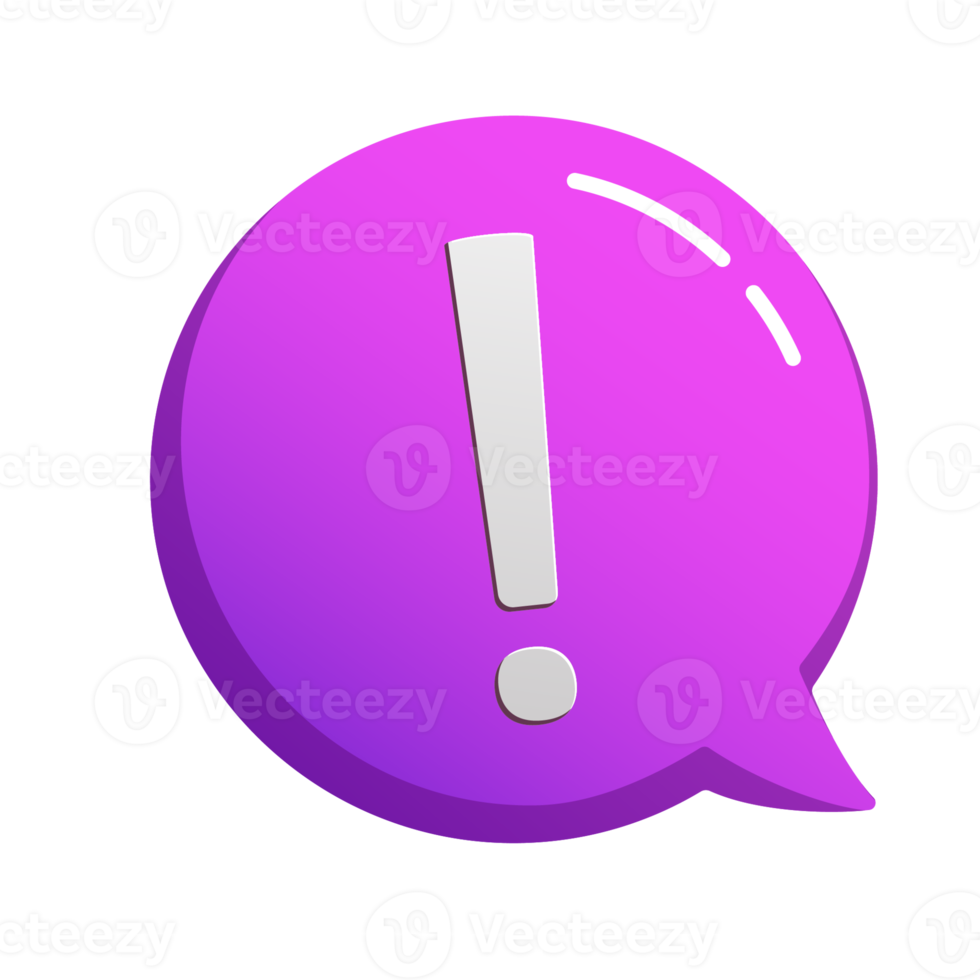 White exclamation mark inside a purple speech bubble with 3d effects illustration. png