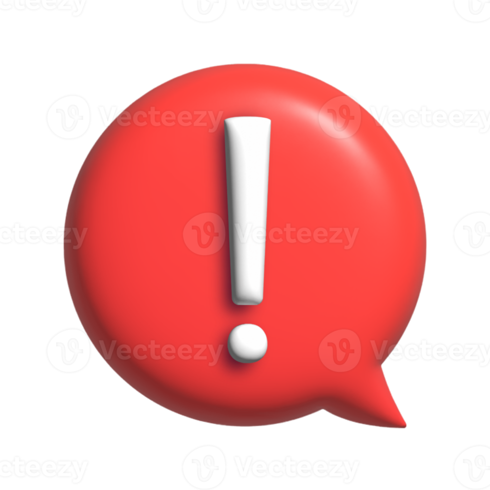 White exclamation mark inside a red speech bubble with 3d renderd effects. png