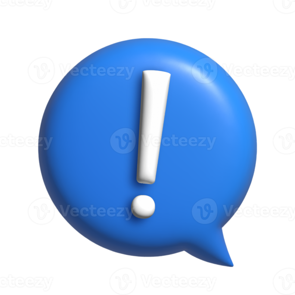 White exclamation mark inside a blue speech bubble with 3d effects illustration. png