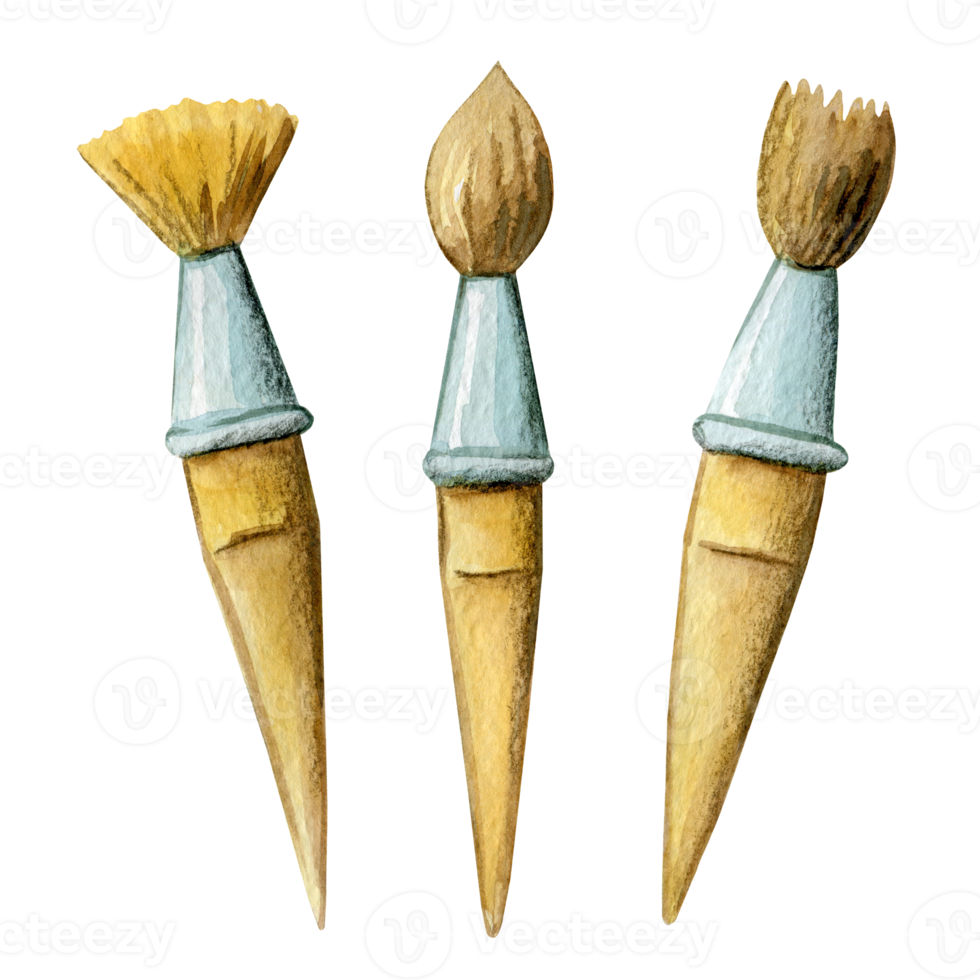 Three paint brushes, hand-drawn watercolor, cartoon style png