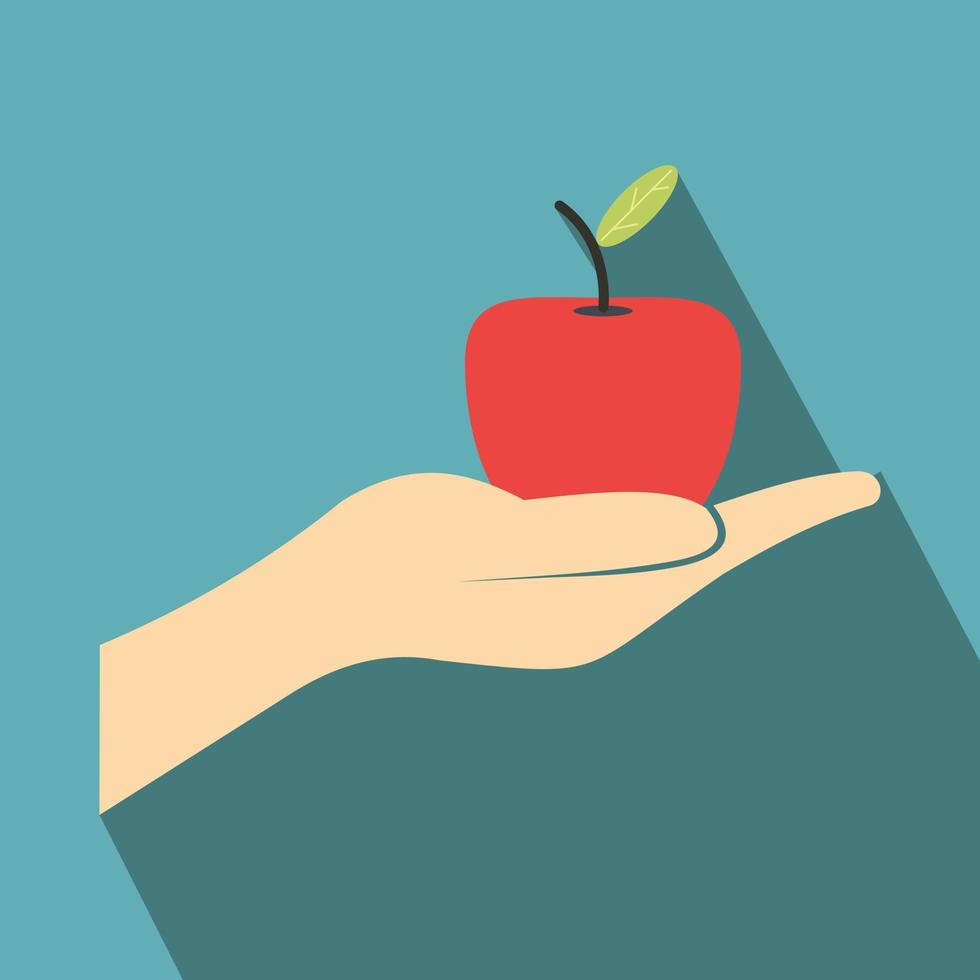 A hand giving a red apple flat icon vector