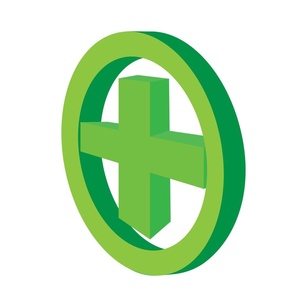 Green cross in the circle icon, cartoon style vector