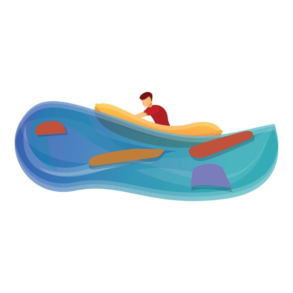 Flood man rubber boat icon, cartoon style vector