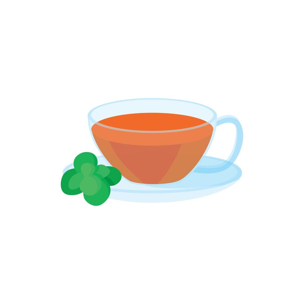Cup of tea and mint leaf icon, cartoon style vector